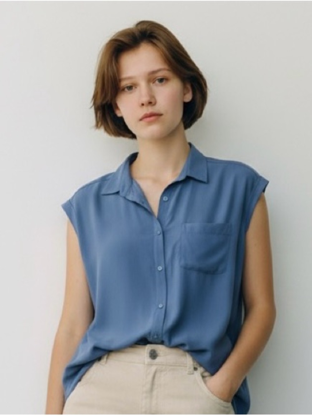 Sleeveless Button-Front Blouse in Blue Slate